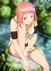 Rule 34 | 10s, 1girl, absurdres, barefoot, breasts, brown eyes, cleavage, closed mouth, feet, hairband, hands on feet, highres, looking at viewer, medium breasts, midriff, miniskirt, navel, nina dragnot, official art, pink hair, scan, shingeki no bahamut, shingeki no bahamut: genesis, shingeki no bahamut: virgin soul, short hair, sitting, smile, solo, toes, water, wet