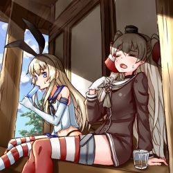 Rule 34 | 10s, 2girls, amatsukaze (kancolle), arm support, asymmetrical gloves, bad id, bad pixiv id, black panties, blonde hair, blue eyes, dress, eating, elbow gloves, food, gloves, hair ribbon, hair tubes, hairband, hat, hot, kantai collection, midriff, mismatched gloves, multiple girls, navel, panties, pensuke, popsicle, ribbon, sailor dress, shimakaze (kancolle), short dress, silver hair, sitting, striped clothes, striped legwear, striped thighhighs, sweat, thighhighs, twintails, two side up, underwear, zettai ryouiki