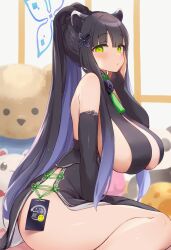 Rule 34 | 1girl, animal ears, bare shoulders, black dress, black hair, black sleeves, blue archive, blue hair, blue halo, blush, braid, braided ponytail, breasts, colored inner hair, commentary, detached sleeves, dress, gradient hair, green eyes, halo, hand on own cheek, hand on own face, high ponytail, highres, large breasts, lion ears, lion girl, long hair, looking at viewer, manganiku2929, multicolored hair, parted bangs, pelvic curtain, plump, ponytail, shun (blue archive), side slit, sitting, skindentation, smiley face, solo, stuffed animal, stuffed toy, teddy bear, thick thighs, thighs, two-tone hair, very long hair