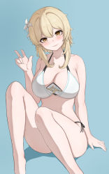 Rule 34 | 1girl, absurdres, adapted costume, bare arms, bare shoulders, bikini, blonde hair, breasts, cleavage, closed mouth, flower, genshin impact, hair flower, hair ornament, halterneck, hand up, highres, knees up, large breasts, lumine (genshin impact), short hair with long locks, side-tie bikini bottom, sitting, skyhood, smile, solo, string bikini, swimsuit, thighs, tongue, tongue out, w, white bikini, yellow eyes