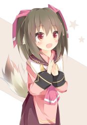Rule 34 | 1girl, :d, animal ears, blush, brown background, brown hair, brown skirt, commentary request, hair between eyes, hair ribbon, highres, kushida you, long hair, looking away, mole, mole under eye, nekone (utawarerumono), open mouth, own hands together, pink ribbon, red eyes, ribbon, shawl, skirt, smile, solo, star (symbol), tail, tail wagging, two-tone background, utawarerumono, utawarerumono: itsuwari no kamen, white background