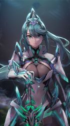 Rule 34 | 1girl, :|, absurdres, aqua eyes, aqua hair, armor, breasts, chest jewel, cleavage, closed mouth, gem, gloves, hair between eyes, headpiece, high ponytail, highres, holding, holding sword, holding weapon, large breasts, long hair, looking at viewer, neonbeat, nintendo, pneuma (xenoblade), shoulder armor, sidelocks, spoilers, standing, swept bangs, sword, tiara, weapon, white gloves, xenoblade chronicles (series), xenoblade chronicles 2