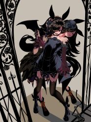 Rule 34 | 2girls, absurdres, animal ears, bare shoulders, bat wings, black footwear, black hair, black skirt, black thighhighs, blue dress, blue headwear, blush, boots, breasts, closed eyes, dagger, detached sleeves, dress, dual persona, eiji (azykoubou), fangs, flower, frilled hairband, frills, hair over one eye, hairband, hand on another&#039;s shoulder, hat, hat flower, high heels, highres, holding hands, horse ears, horse girl, horse tail, knife, long hair, multiple girls, open mouth, rice shower (make up vampire!) (umamusume), rice shower (umamusume), shadow, sheath, sheathed, shirt, skirt, small breasts, standing, strapless, strapless dress, sweat, tail, thighhighs, umamusume, weapon, white shirt, wings