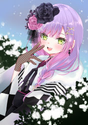 Rule 34 | absurdres, alternate costume, alternate hairstyle, braid, earrings, fishnet gloves, fishnets, flower, gloves, green eyes, hair flower, hair ornament, hairclip, highres, hololive, huge filesize, japanese clothes, jewelry, kimono, md5 mismatch, moizumi shipon, open mouth, purple hair, resolution mismatch, side braid, snowing, solo, source smaller, tokoyami towa, tokoyami towa (new year), virtual youtuber, x hair ornament