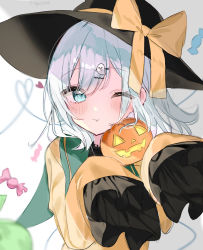 Rule 34 | 1girl, black hat, blurry, blurry background, blush, candy, commentary request, food, frilled shirt collar, frilled sleeves, frills, ghost hair ornament, green eyes, green hair, halloween, hat, hat ribbon, heart, heart of string, highres, jack-o&#039;-lantern, komeiji koishi, one eye closed, pout, ribbon, short hair, simple background, sleeves past wrists, solo, string, third eye, touhou, twitter username, upper body, white background, wide sleeves, yellow ribbon, yumeno ruruka