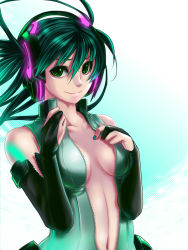 Rule 34 | 1girl, breasts, bridal gauntlets, center opening, cleavage, elbow gloves, female focus, gloves, gradient background, green eyes, green hair, hatsune miku, hatsune miku (append), huruhoshi, matching hair/eyes, smile, solo, unzipped, vocaloid, vocaloid append, white background