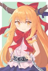 Rule 34 | 1girl, bare arms, bare shoulders, belt, blue skirt, bow, chain, closed mouth, cuffs, green background, hands on own hips, highres, horn ornament, horn ribbon, horns, ibuki suika, light blush, long hair, looking at viewer, nano (mianhua maoqiu), neckerchief, oni, orange eyes, orange hair, red bow, red neckerchief, ribbon, shackles, shirt, sidelocks, skirt, sleeveless, sleeveless shirt, smile, solo, torn clothes, torn sleeves, touhou, upper body, very long hair, white shirt, wrist cuffs