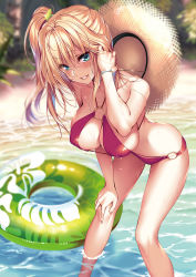 Rule 34 | 1girl, aqua eyes, ass, bare shoulders, beach, bikini, blonde hair, blurry, blurry background, bracelet, breasts, cleavage, comic exe, day, depth of field, hair ornament, tucking hair, halterneck, hand on own knee, hat, hat on back, highres, innertube, jewelry, large breasts, leaning forward, long hair, looking at viewer, non-web source, o-ring, o-ring bikini, o-ring bottom, o-ring top, outdoors, parted lips, piromizu, red bikini, side ponytail, sidelocks, smile, solo, straw hat, sun hat, swim ring, swimsuit, wading, water, wet, yame yukana