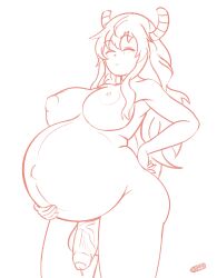 Rule 34 | 1futa, absurdres, ass, big belly, bloated belly, breasts, closed eyes, from side, futanari, hand on own hip, highres, horns, kobayashi-san chi no maidragon, large breasts, large penis, light smile, long hair, lucoa (maidragon), nipples, penis, pinkcrayon, pregnant, pregnant futa, sketch, solo, standing