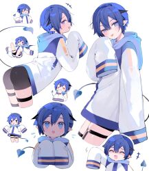 Rule 34 | 1boy, androgynous, arm up, ass, black shorts, blue eyes, blue hair, blue hoodie, blue tail, chibi, chibi inset, closed eyes, cropped torso, demon tail, fang, from side, full body, hair between eyes, hand up, hands up, highres, hood, hood down, hoodie, kaito (vocaloid), leg up, long sleeves, looking at viewer, male focus, mogu (wy5xrt7w), multicolored clothes, multicolored hoodie, multiple views, pointy ears, short hair, shorts, sidelocks, simple background, sleeves past fingers, sleeves past wrists, standing, sweatdrop, tail, thigh strap, tongue, tongue out, uneven eyes, vocaloid, white background, white hoodie