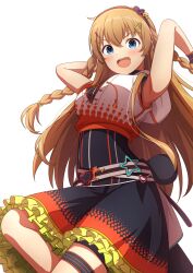 Rule 34 | 1girl, absurdres, akatsuki (artakatuki), armpits, arms up, belt, black dress, blue eyes, blush, braid, breasts, brown hair, buckle, cowboy shot, cropped hoodie, dot nose, dress, frilled dress, frills, from below, hair ornament, hairband, hairclip, heart, heart-shaped buckle, heart hair ornament, highres, hood, hood down, hoodie, idolmaster, idolmaster million live!, idolmaster million live! theater days, kousaka umi, long hair, looking at viewer, medium breasts, open mouth, red hairband, red trim, simple background, sleeveless, sleeveless hoodie, smile, solo, standing, standing on one leg, teeth, thigh strap, twin braids, upper teeth only, white background, white belt, white hoodie