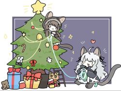 Rule 34 | 2girls, :3, :d, ahoge, animal ears, arknights, bell, black jacket, black ribbon, blush stickers, box, brown footwear, brown hair, candy, candy cane, cat ears, cat girl, cat tail, chibi, christmas, christmas ornaments, christmas stocking, christmas tree, closed mouth, commentary request, dress, ears through headwear, food, fur-trimmed hood, fur trim, gift, gift box, green necktie, grey hair, heart, highres, honeyberry (arknights), hood, hood up, hooded jacket, jacket, ladder, long hair, mint (arknights), multicolored hair, multiple girls, necktie, open mouth, paw shoes, ribbon, smile, streaked hair, stuffed animal, stuffed cat, stuffed toy, tail, teddy bear, very long hair, white dress, white hair, | |