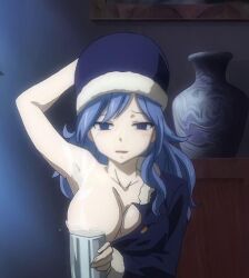 Rule 34 | 1girl, arm up, blue eyes, blue hair, breasts, cup, fairy tail, female focus, hat, juvia lockser, large breasts, long hair, looking at viewer, matching hair/eyes, screencap, solo, upper body
