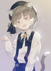 Rule 34 | 1girl, :d, animal ears, bell, beret, black hat, black ribbon, black skirt, brown eyes, brown hair, cat ears, cat girl, cat tail, collared shirt, fangs, hair rings, hand up, hat, hatoba tsugu, head tilt, jingle bell, kemonomimi mode, long sleeves, looking at viewer, mole, mole under eye, neck bell, open mouth, paw pose, ribbon, shirt, skirt, sleeves past wrists, smile, solo, subachi, suspender skirt, suspenders, tail, virtual youtuber, white shirt