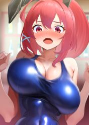 Rule 34 | 1girl, ahoge, animal ears, blush, bouncing breasts, breasts, cleavage, dorachan r, embarrassed, fake animal ears, hair ornament, hair ribbon, highres, i-168 (kancolle), kantai collection, long hair, one-piece swimsuit, open mouth, ponytail, rabbit ears, red eyes, red hair, ribbon, school swimsuit, swimsuit, upper body