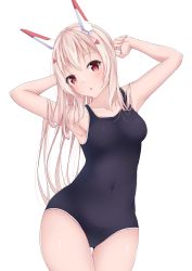 Rule 34 | 1girl, alternate costume, alternate hairstyle, arm behind head, arms up, ayanami (azur lane), azur lane, black one-piece swimsuit, breasts, collarbone, commentary request, covered navel, hair down, hair ornament, hairclip, head tilt, headgear, highres, koko sokodoko, long hair, looking at viewer, medium breasts, one-piece swimsuit, orange eyes, parted lips, ponytail, retrofit (azur lane), school swimsuit, sidelocks, silver hair, simple background, solo, swimsuit, white background