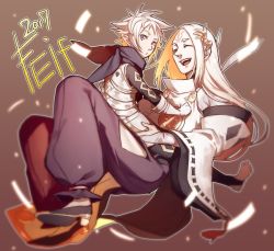 Rule 34 | 2boys, barefoot, closed eyes, father and son, fire emblem, fire emblem fates, gloves, hair ornament, izana (fire emblem), japanese clothes, kana (fire emblem), kana (male) (fire emblem), long hair, looking at viewer, multiple boys, nintendo, open mouth, pointy ears, robe, scarf, short hair, sitting, sitting on person, uguisu (ryu), white hair