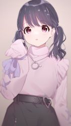 Rule 34 | arm up, belt, belt buckle, black hair, black skirt, buckle, frilled sleeves, frills, fukumaru koito, heart, heart-shaped buckle, highres, idolmaster, idolmaster shiny colors, jewelry, long sleeves, looking at viewer, necklace, norada, open mouth, pink shirt, purple eyes, shirt, skirt, solo, turtleneck, twintails