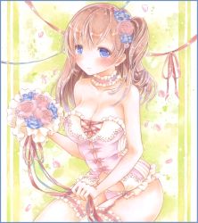 Rule 34 | 1girl, bad id, bad pixiv id, blue eyes, blush, border, bouquet, breasts, choker, cleavage, collarbone, colored pencil (medium), corset, flower, frills, from side, garter belt, gathers, gradient background, hair flower, hair ornament, headband, large breasts, light smile, long hair, looking at viewer, marker (medium), navel, orange hair, original, painting (medium), panties, petals, pink flower, pink hair, pink rose, potto, potto (minntochan), ribbon, rose, side ponytail, sitting, smile, solo, traditional media, underwear, underwear only, watercolor (medium)