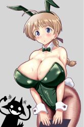 Rule 34 | 2girls, animal ears, blonde hair, blue eyes, blush, bow, bowtie, braid, braided ponytail, breasts, brown pantyhose, cleavage, fake animal ears, fake tail, green bow, green bowtie, green leotard, grey background, highres, kin-san (sasuraiga), large breasts, leotard, long hair, looking at viewer, lynette bishop, miyafuji yoshika, multiple girls, open mouth, pantyhose, playboy bunny, rabbit ears, rabbit tail, silhouette demon, simple background, strike witches, tail, world witches series