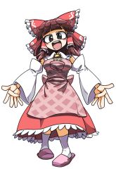Rule 34 | 1girl, :d, amerika zarigani, apron, ascot, black eyes, blunt bangs, blush, bow, breasts, brown hair, collared shirt, commentary request, cookie (touhou), detached sleeves, frilled bow, frilled hair tubes, frilled shirt collar, frilled skirt, frills, full body, hair bow, hair tubes, hakurei reimu, highres, long hair, looking at viewer, medium breasts, open mouth, pink apron, pink footwear, red bow, red skirt, round teeth, rurima (cookie), shirt, sidelocks, simple background, skirt, sleeveless, sleeveless shirt, slippers, smile, socks, solo, standing, teeth, touhou, transparent background, upper teeth only, white sleeves, white socks, wide sleeves, yellow ascot
