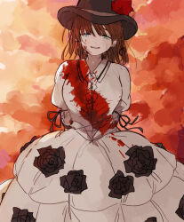 Rule 34 | 1girl, absurdres, arms behind back, black flower, black hat, black rose, blood, blood on clothes, blood on face, blue eyes, braid, brown hair, charlotte corday (fate), crying, dress, fate/grand order, fate (series), flower, hat, highres, noyuu, red flower, red rose, rose, sad, sad smile, short hair, simple background, solo, top hat, white dress