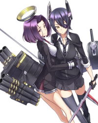 Rule 34 | 10s, 2girls, black gloves, black legwear, boots, breasts, checkered clothes, checkered necktie, checkered neckwear, dutch angle, eyepatch, fame peera, glaive (polearm), gloves, halo, headgear, holding, hug, kantai collection, machinery, mechanical halo, multiple girls, necktie, polearm, purple hair, red eyes, school uniform, short hair, simple background, smile, spear, sword, tatsuta (kancolle), tenryuu (kancolle), thighhighs, turret, weapon, white background, yellow eyes, zettai ryouiki