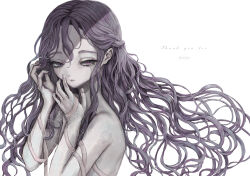 Rule 34 | 1girl, 2021, arm ribbon, crying, crying with eyes open, english text, expressionless, hand on own face, long hair, looking at viewer, nude, original, parted lips, pink ribbon, purple eyes, purple hair, ribbon, simple background, solo, sumire shisei, tears, upper body, wavy hair, white background
