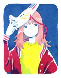 Rule 34 | 1girl, blue background, blue eyes, border, colored skin, fox mask, heikala, highres, holding, holding mask, jacket, letterman jacket, light frown, limited palette, looking to the side, mask, mask on head, original, painting (medium), pink hair, red jacket, red ribbon, ribbon, shirt, solo, traditional media, watercolor (medium), white border, white skin, yellow shirt