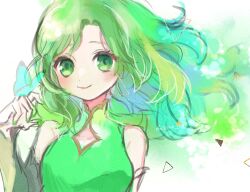 Rule 34 | 1girl, bare shoulders, blush, bug, butterfly, center opening, chisora (chisora ra), closed mouth, dress, final fantasy, final fantasy iv, green dress, green eyes, highres, insect, long hair, looking at viewer, nail polish, protected link, rydia (ff4), smile, solo, white background