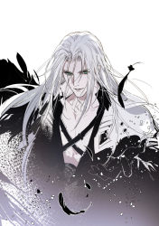 Rule 34 | 1boy, armor, black gloves, black jacket, black wings, feathered wings, feathers, final fantasy, final fantasy vii, gloves, green eyes, hand up, highres, jacket, long hair, male focus, sephiroth, shoulder armor, single wing, solo, upper body, white background, white hair, wings, xiandao1213