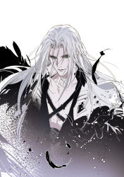 1boy armor black_gloves black_jacket black_wings feathered_wings feathers final_fantasy final_fantasy_vii gloves green_eyes hand_up highres jacket long_hair male_focus sephiroth shoulder_armor single_wing solo upper_body white_background white_hair wings xiandao1213