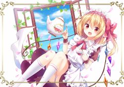 Rule 34 | 1girl, :d, alternate costume, apron, blonde hair, blue sky, blush, bow, brown dress, crystal, cup, day, dress, enmaided, feet out of frame, flandre scarlet, floral print, framed, frilled apron, frills, hair bow, holding, holding cup, holding teapot, kneehighs, knees together feet apart, kure~pu, looking at viewer, maid, maid apron, maid headdress, medium hair, neck ribbon, one side up, open mouth, open window, panties, pantyshot, petals, plant, puffy short sleeves, puffy sleeves, red bow, red eyes, red ribbon, ribbon, short sleeves, sky, smile, socks, solo, teacup, teapot, touhou, underwear, vines, white apron, white background, white panties, white socks, window, wing collar, wings, wrist cuffs