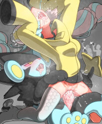 Rule 34 | 1girl, bestiality, blue hair, blush, breasts, character hair ornament, cowgirl position, creatures (company), game freak, gen 4 pokemon, girl on top, grey footwear, grey pantyhose, grey shirt, hair ornament, hetero, hexagon print, highres, iono (pokemon), jacket, long hair, low-tied long hair, luxray, medium breasts, multicolored hair, nintendo, open mouth, oversized clothes, pantyhose, penis, pink hair, pokemon, pokemon (creature), pokemon sv, pokephilia, reverse cowgirl position, sex, sex from behind, sharp teeth, shirt, single leg pantyhose, sleeveless, sleeveless shirt, sleeves past fingers, sleeves past wrists, smile, solo focus, spiked penis, straddling, sweat, teeth, tongue, tongue out, twintails, two-tone hair, uncensored, vaginal, very long sleeves, yellow jacket, yuuri splatoon