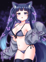 Rule 34 | 1girl, animal ears, bikini, black hair, breasts, butterfly hair ornament, cowboy shot, cross-laced clothes, cross-laced sleeves, fang, hair ornament, highres, jacket, kawagami raito, large breasts, long hair, long sleeves, looking at viewer, navel, off shoulder, open mouth, original, purple eyes, sleeves past fingers, sleeves past wrists, solo, swimsuit, twintails, very long hair, wolf ears, wolf girl