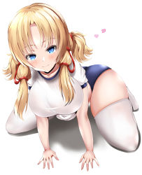 Rule 34 | aged up, alternate breast size, alternate costume, alternate hairstyle, blonde hair, blue eyes, breasts, heart, highres, large breasts, medium hair, moriya suwako, musi tino, simple background, skindentation, solo, thighhighs, tight clothes, touhou, white background, white thighhighs