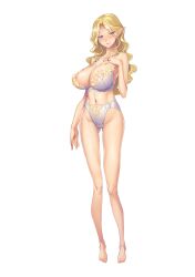 Rule 34 | 1girl, [kuroinu gaiden] elf mura no kanraku ~chijoku to kairaku no utage~, anna florence, areola slip, arm at side, barefoot, blonde hair, blue eyes, blush, bra, breasts, cleavage, elf, feet, female focus, full body, game cg, gluteal fold, groin, hand on own chest, hand up, highres, hikage eiji, large breasts, legs, long hair, looking at viewer, mole, mole under mouth, navel, original, panties, parted lips, pointy ears, solo, standing, tachi-e, thighs, toes, transparent background, underwear, underwear only