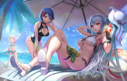 Rule 34 | 3girls, :d, arm behind head, arm strap, arm up, armpits, azur lane, bare shoulders, beach, beach chair, beach umbrella, bikini, bikini top only, bird, black bikini, black choker, black gloves, black one-piece swimsuit, blonde hair, blue eyes, blue hair, blue sky, blunt bangs, blush, breasts, chapayev (azur lane), choker, cleavage, cloud, collarbone, commentary request, crossed legs, cup, day, dolphin, drinking glass, drinking straw, eyebrows hidden by hair, flower, framed breasts, full body, glint, gloves, groin, grozny (azur lane), hair between eyes, hair flower, hair ornament, hand in own hair, hand on own knee, hat, holding, holding cup, horizon, innertube, large breasts, leaning forward, lens flare, long hair, looking at viewer, midriff, mole, mole on breast, multiple girls, navel, ocean, one-piece swimsuit, open mouth, palm tree, purple eyes, red eyes, saikoro (et1312), sand, sandals, seagull, shadow, short hair, sidelocks, silver hair, sitting, skindentation, sky, small breasts, smile, sovetskaya rossiya (azur lane), standing, striped bikini, striped clothes, sun hat, swept bangs, swim ring, swimsuit, teeth, thigh strap, tree, umbrella, underboob, unworn headwear, upper teeth only, very long hair, water gun, white bikini, white footwear