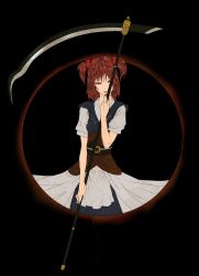 Rule 34 | 1girl, alternate weapon, baten (gei-vorugu), black background, female focus, hair bobbles, hair ornament, highres, onozuka komachi, red eyes, red hair, scythe, simple background, solo, touhou, twintails, two side up, weapon