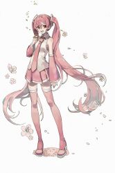 Rule 34 | 1girl, bare shoulders, cherry blossoms, commentary, detached sleeves, falling petals, flower, full body, hair ornament, hand up, hatsune miku, high heels, highres, holding, holding flower, long hair, looking at viewer, miniskirt, nail polish, necktie, neonneon321, open mouth, petals, pink eyes, pink flower, pink hair, pink nails, pink neckwear, pink skirt, pink sleeves, pink thighhighs, pleated skirt, sakura miku, shirt, skirt, sleeveless, sleeveless shirt, smile, standing, thighhighs, twintails, very long hair, vocaloid, white background, white shirt, zettai ryouiki