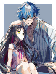 Rule 34 | 1boy, 1girl, age difference, black hair, blue eyes, blue hair, chain, closed mouth, commentary request, eyelashes, eyewear strap, facial mark, fate/grand order, fate (series), forehead mark, frown, fuku-ro, glasses, hans christian andersen (adult) (fate), hans christian andersen (fate), highres, legs together, long hair, looking at viewer, parted bangs, sessyoin kiara, sessyoin kiara (lily), shirt, sitting, striped clothes, striped shirt, yellow eyes