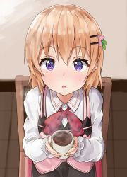 Rule 34 | 1girl, blurry, brown hair, chair, coffee, commentary request, cup, depth of field, from above, gochuumon wa usagi desu ka?, hair ornament, hairclip, highres, holding, hoto cocoa, looking at viewer, looking up, mug, parted lips, purple eyes, racchi., short hair, sitting, solo, steam, waitress, wooden floor