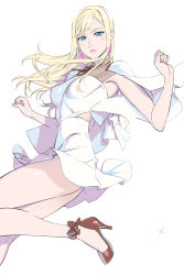 Rule 34 | 1girl, armpits, ass, blonde hair, blue eyes, brown footwear, capelet, clothing cutout, covered erect nipples, dress, earrings, floating hair, gigi andalusia, gundam, gundam hathaway&#039;s flash, high heels, highres, jewelry, lipgloss, lips, long hair, makeup, outstretched arms, parted lips, pumps, satou shouji, shiny skin, side cutout, simple background, solo, thighs, triangle earrings, white background, white capelet, white dress