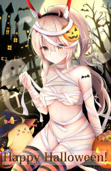 Rule 34 | 1girl, animal, ayanami (azur lane), azur lane, bandages, bare tree, bat (animal), bird, black hairband, black hat, blurry, blurry background, breasts, brown eyes, candy, candy wrapper, castle, chick, closed mouth, collarbone, commentary request, demon horns, depth of field, endsmall min, fake horns, fingernails, food, full moon, ghost, hair between eyes, hair ornament, hairband, halloween, halloween bucket, hand up, happy halloween, hat, headgear, high ponytail, highres, horns, jack-o&#039;-lantern, jack-o&#039;-lantern hair ornament, light brown hair, lollipop, long hair, medium breasts, moon, naked bandage, navel, night, night sky, outdoors, ponytail, sitting, sky, smile, solo, sparkle, striped clothes, striped legwear, striped thighhighs, thighhighs, tower, tree, very long hair, witch hat