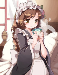 Rule 34 | 1girl, apron, bed, blush, braid, brown eyes, brown hair, character request, cup, curtains, japanese clothes, kimono, leaf, long hair, maid, maid apron, maid headdress, pillow, smile, solo, sword girls, teacup, wa maid, window, wooni