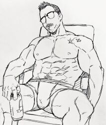 Rule 34 | 1boy, abs, alternate facial hair, bara, billy russell (dickfish), boxers, bulge, can, cigarette, dickfish (fishismdick), facial hair, feet out of frame, glasses, highres, holding, holding can, large pectorals, male focus, male underwear, mature male, muscular, muscular male, mustache, navel, navel hair, nipples, on chair, original, pectorals, scan, scar, scar on chest, short hair, sideburns, sitting, sketch, solo, spread legs, stomach, stubble, thick thighs, thighs, topless male, traditional media, underwear, underwear only