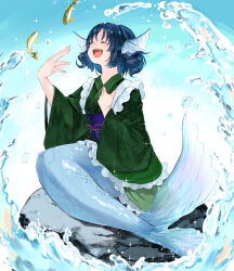 Rule 34 | 1girl, :d, blue background, blue hair, closed eyes, commentary request, fins, fish, frilled kimono, frills, full body, gradient background, green kimono, head fins, highres, japanese clothes, kimono, long sleeves, mermaid, monster girl, niseneko (mofumofu ga ienai), open mouth, sash, short hair, sitting, smile, touhou, wakasagihime, water, wide sleeves