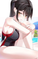 Rule 34 | 1girl, bare arms, bare legs, bare shoulders, black hair, black one-piece swimsuit, breasts, brown eyes, commentary request, competition swimsuit, earrings, highres, jewelry, kfr, large breasts, looking at viewer, multicolored clothes, multicolored swimsuit, one-piece swimsuit, original, outdoors, red one-piece swimsuit, smile, solo, swimsuit, water, wet, wet clothes, wet swimsuit, white one-piece swimsuit
