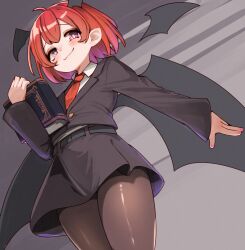 Rule 34 | 1girl, absurdres, ahoge, belt, black belt, black jacket, black pantyhose, black skirt, blush, book, bright pupils, buttons, closed mouth, collared shirt, commentary request, cowboy shot, demon girl, demon wings, detached wings, fingernails, flat chest, formal, from below, grey background, head wings, highres, holding, holding book, jacket, koakuma, long sleeves, looking at viewer, medium bangs, miniskirt, necktie, office lady, pantyhose, pencil skirt, pink eyes, pink nails, pointy ears, red hair, red necktie, shirt, short hair, skirt, skirt set, smile, smug, solo, suit, tekina (chmr), touhou, white pupils, white shirt, wings