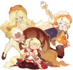 Rule 34 | 3girls, absurdres, blonde hair, blue eyes, bow, bowtie, cape, chou ji yun, commentary, cookie run, cookie run: kingdom, cookie run: ovenbreak, cream puff cookie, cream puff cookie (dark magic hat), dress, full body, hat, highres, holding, holding spoon, holding wand, humanization, long hair, looking at viewer, magical girl, multiple girls, multiple persona, official alternate costume, open mouth, oversized object, simple background, sitting, smile, spoon, symbol-only commentary, thighhighs, variant set, very long hair, wand, white background, witch, witch hat, zettai ryouiki